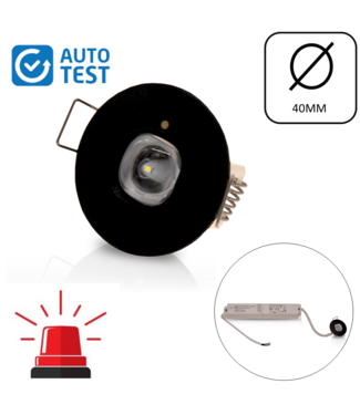 Auto-Test Mini LED Nood Downlighter Zwart, 1w, 130 lumen, Ø35 mm gatmaat, 2 Jaar Garantie