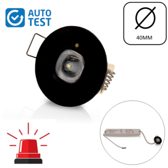 Auto-Test Mini LED Nood Downlighter Zwart, 1w, 130 lumen, Ø35 mm gatmaat, 2 Jaar Garantie
