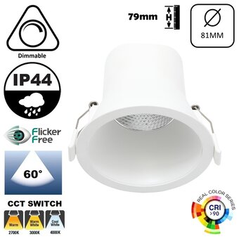 Verluxe Inbouw LED Spot Wit 6w, 480Lm, IP44, CCT Switch (2700K/3000K/4000K), Dimbaar, UGR<16, CRI90, Gatmaat 68mm, 3 Jaar Garantie