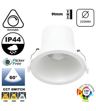Verluxe Inbouw LED Spot Wit 9w, 700Lm, IP44, CCT Switch (2700K/3000K/4000K), Dimbaar, UGR<16, CRI90, Gatmaat 90mm, 3 Jaar Garantie