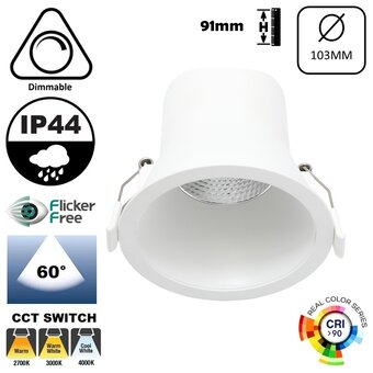 Verluxe Inbouw LED Spot Wit 9w, 700Lm, IP44, CCT Switch (2700K/3000K/4000K), Dimbaar, UGR<16, CRI90, Gatmaat 90mm, 3 Jaar Garantie