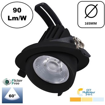 LED Banaanspot 30w, CCT (2700K/3000K/4000K), 2700 lm (90lm/w), Gatmaat 145mm, Zwart, 3 Jaar Garantie