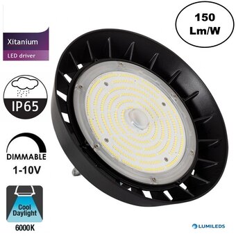 High Bay Led Ufo 150w, 22500 Lumen, 6000K Daglicht Wit, IP65, 1-10v Dimmable Philips Driver, 5 Jaar Garantie
