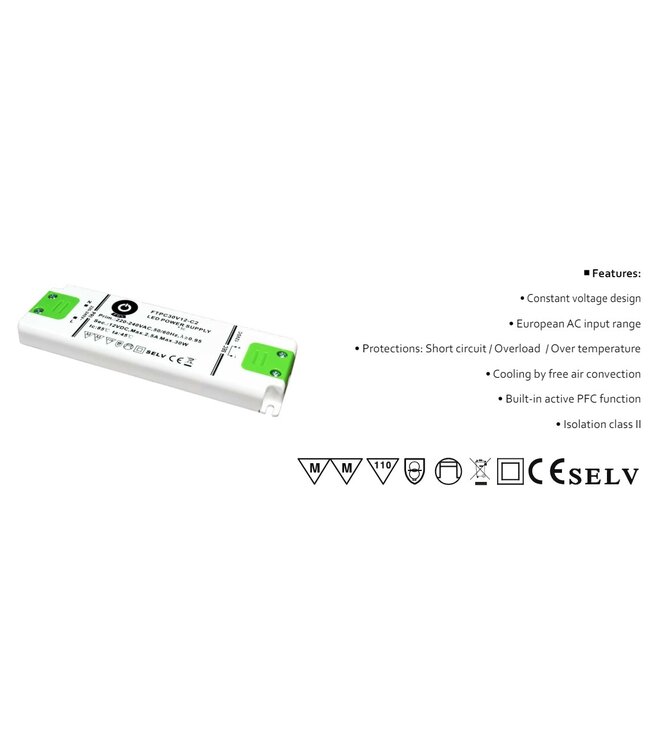 POS Premium Led Strip voeding 12V/30W/2,5A, Max: 24w, Afm:154 x50x14mm, 3 Jaar Garantie