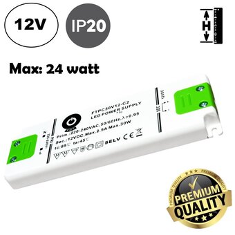 POS Premium Led Strip voeding 12V/30W/2,5A, Max: 24w, Afm:154 x50x14mm, 3 Jaar Garantie