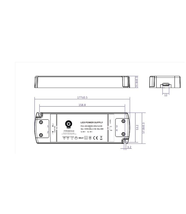 POS TRIAC Dimming Led Strip voeding 12V/50W/4,17A, Max: 40w, Dimbaar, Afm:177x58x22mm, 3 Jaar Garantie