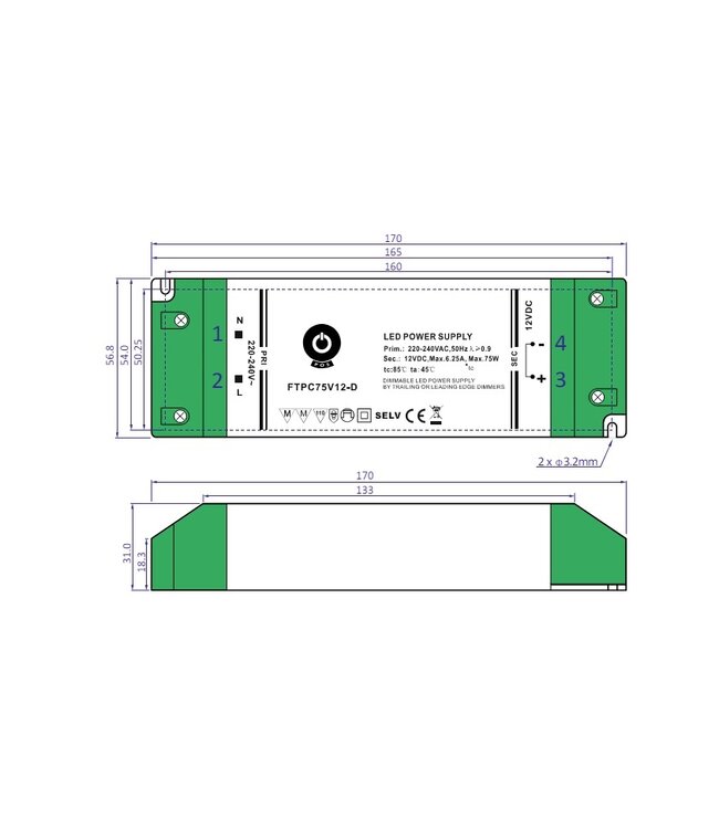POS TRIAC Dimming Led Strip voeding 12V/75W/6,25A, Max: 60w, Dimbaar, Afm:170x57x31mm, 3 Jaar Garantie