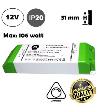 POS TRIAC Dimming Led Strip voeding 12V/132W/11A, Max: 106w, Dimbaar, Afm:170x57x31mm, 3 Jaar Garantie