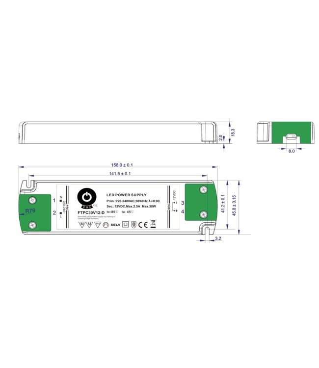POS TRIAC Dimming Led Strip voeding 24V/30W/1,25A, Max: 26w, Dimbaar, Afm:159x46x18mm, 3 Jaar Garantie