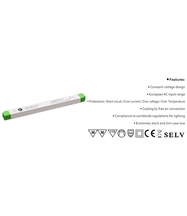 POS LongSlim Premium Led Strip voeding 12V/200W/11A, Max: 160w, Afm:356x32x22 mm, 3 Jaar Garantie