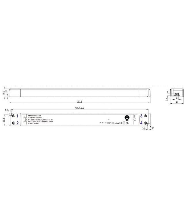 POS LongSlim Premium Led Strip voeding 24V/100W/4,17A, Max: 80w, Afm:321x30x18 mm, 3 Jaar Garantie