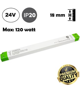 POS LongSlim Premium Led Strip voeding 24V/150W/6,25A, Max: 120w, Afm:321x30x18 mm, 3 Jaar Garantie