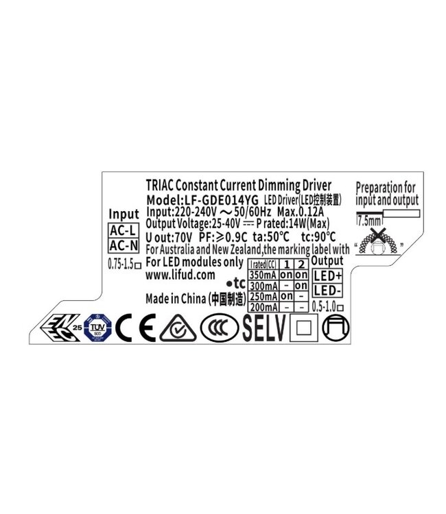 Lifud TRIAC LED Driver - Max 14 watt - DIP switch: 200-350Ma - 25-40vDC - 3 Jaar garantie