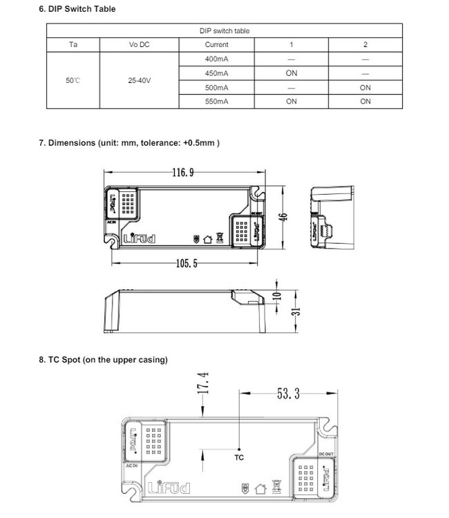 Lifud TRIAC LED Driver - Max 22 watt - DIP switch: 400-550Ma - 25-40vDC - 3 Jaar garantie