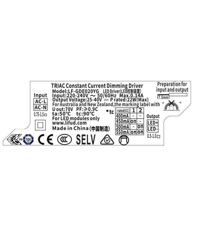 Lifud TRIAC LED Driver - Max 22 watt - DIP switch: 400-550Ma - 25-40vDC - 3 Jaar garantie