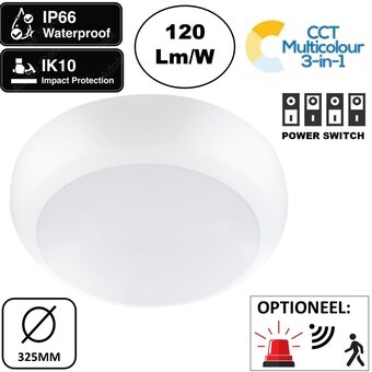 Tough Shell Led Plafonnière WIT, Wattage switch 8/12/16w , 960-1920 Lumen, Color Switch (3000/4000/6000K), IP66, IK10, Optioneel: Sensor en Noodaccu, 3 Jaar Garantie