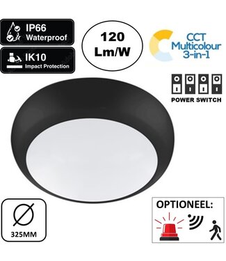 Tough Shell Led Plafonnière ZWART, Wattage switch 8/12/16w , 960-1920 Lumen, Color Switch (3000/4000/6000K), IP66, IK10, Optioneel: Sensor en Noodaccu, 3 Jaar Garantie