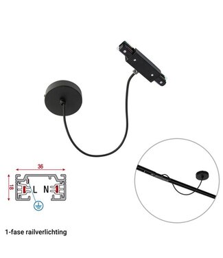 1 Fase Rail 2 wire Middenaansluiting - Incl. Afdekplaat Rond Zwart