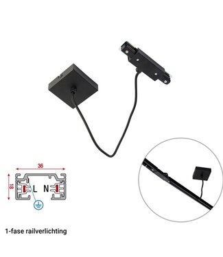 1 Fase Rail 2 wire Middenaansluiting - Incl. Afdekplaat Vierkant Zwart
