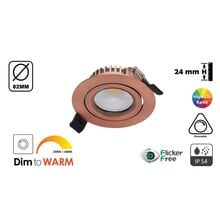 Inbouw LED Spot 5w Flat, 420 Lumen, Dim To Warm, Kantelbaar, IP44, Dimbaar, CRI90, Koper Armatuur, Gatmaat 72mm, 2 Jaar Garantie