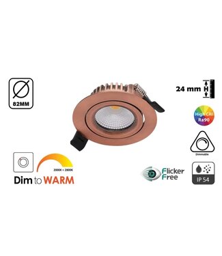 Inbouw LED Spot 5w Flat, 420 Lumen, Dim To Warm, Kantelbaar, IP44, Dimbaar, CRI90, Koper Armatuur, Gatmaat 72mm, 2 Jaar Garantie