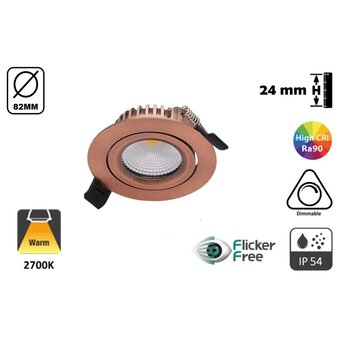 Inbouw LED Spot 5w Flat, 420 Lumen, 2700K, Kantelbaar, IP44, Dimbaar, CRI90, Koper Armatuur, Gatmaat 72mm, 2 Jaar Garantie