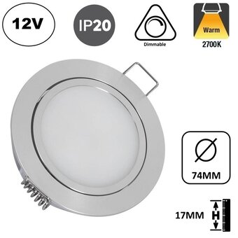Meubel/Kast Inbouw LED Spot 3w, 250 Lumen, 2700K Warm Wit, 12Vdc, Dimbaar, Gatmaat 67mm, Hoogte 17mm, 2 Jaar Garantie