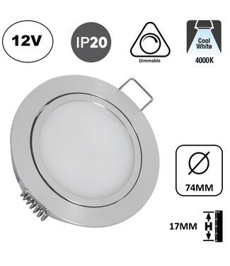 Meubel/Kast Inbouw LED Spot 3w, 250 Lumen, 4000K Neutraal Wit, 12Vdc, Dimbaar, Gatmaat 67mm, Hoogte 17mm, 2 Jaar Garantie