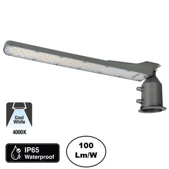LED Straatlamp Flam 100w, 10000 Lumen, 4000K Neutraal Wit, IP65, Paal/Muurbevestiging, Grijze behuizing, 2 Jaar Garantie