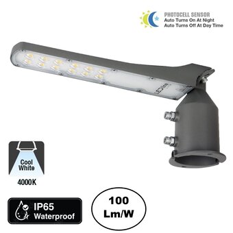 LED Straatlamp Flam 30w, Met Daglichtsensor, 3000 Lumen, 4000K Neutraal Wit, IP65, Paal/Muurbevestiging, Grijze behuizing, 2 Jaar Garantie