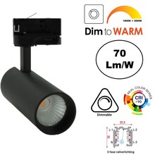 3 Fase Rail Spot Luxe Koker, 12w, 840 Lumen, Dim To Warm (3000K>1800K), Zwart Armatuur, 3 Jaar Garantie