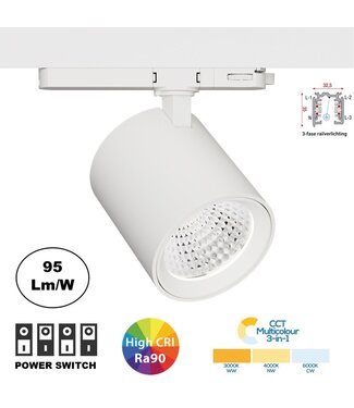 PRIME 3 Fase LED Rail Spot met Wattage switch: 6-20W,  CCT-Switch, 620 tot 1950 lumen, CRI>90, Witte Behuizing , 5 Jaar Garantie