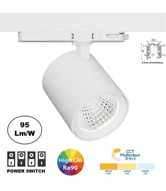 PRIME 3 Fase LED Rail Spot met Wattage switch: 12-42W,  CCT-Switch, 1290 tot 4090 lumen, CRI>90, Witte Behuizing , 5 Jaar Garantie