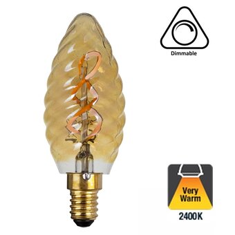 E14 Filament Ribbel LED Kaarslamp 2w Amber, 100 Lumen, 2400K Flame, Dimbaar, 2 Jaar Garantie