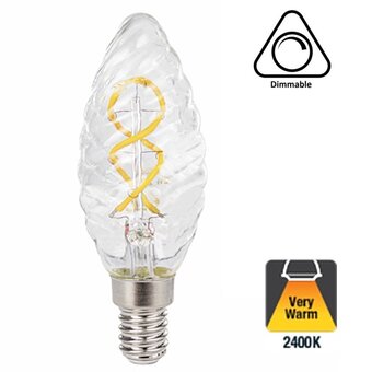 E14 Filament Ribbel LED Kaarslamp 2w Helder, 100 Lumen, 2400K Flame, Dimbaar, 2 Jaar Garantie