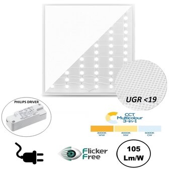 Back-lit UGR19 LED Paneel 30x30cm, 15w, 1575 Lumen (105lm/w), Color Switch (3000/4000/6000K), Flikkervrije Philips LED Driver, Stekkerklaar, 3 Jaar Garantie
