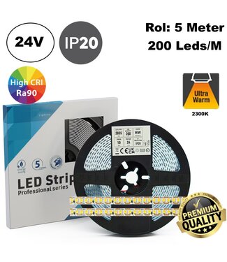 Premium Led Strip ROL 5 Meter One Cut SMD, 10w/m, 200 led/m, 1230Lm/m (123lm/w), 2300K Extra Warm wit, 24v, CRI90, IP20, 8mm, 3 Jaar garantie