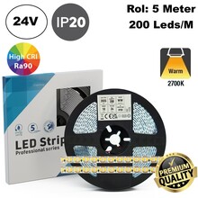 Premium Led Strip ROL 5 Meter One Cut SMD, 10w/m, 200 led/m, 1230Lm/m (123lm/w), 2700K Warm wit, 24v, CRI90, IP20, 8mm, 3 Jaar garantie