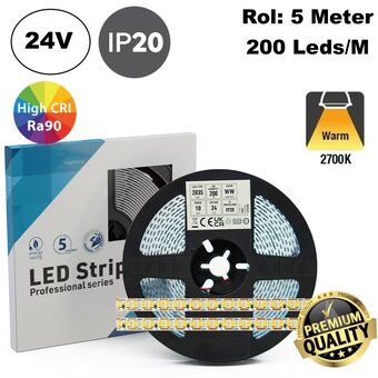 Premium Led Strip ROL 5 Meter One Cut SMD, 10w/m, 200 led/m, 1230Lm/m (123lm/w), 2700K Warm wit, 24v, CRI90, IP20, 8mm, 3 Jaar garantie
