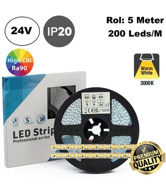 Premium Led Strip ROL 5 Meter One Cut SMD, 10w/m, 200 led/m, 1250Lm/m (125lm/w), 3000K Warm wit, 24v, CRI90, IP20, 8mm, 3 Jaar garantie