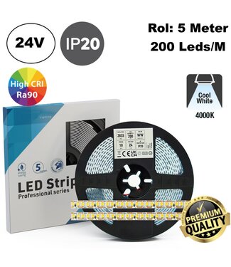 Premium Led Strip ROL 5 Meter One Cut SMD, 10w/m, 200 led/m, 1410Lm/m (140lm/w), 4000K Neutraal wit, 24v, CRI90, IP20, 8mm, 3 Jaar garantie