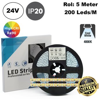 Premium Led Strip ROL 5 Meter One Cut SMD, 10w/m, 200 led/m, 1410Lm/m (140lm/w), 4000K Neutraal wit, 24v, CRI90, IP20, 8mm, 3 Jaar garantie