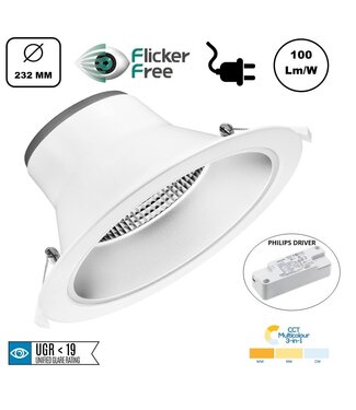CCT Reflector Led Downlighter 10-35w, 1000-3500 Lumen, gatmaat Ø195mm, UGR19, PHILIPS LED Driver incl. Stekker 3 Jaar Garantie