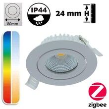Zigbee3.0 Inbouw LED Spot 5w Flat, 420 Lumen, RGB+CCT (1800K>6500K), Kantelbaar, IP44, Wit Armatuur, Gatmaat 69mm, 2 Jaar Garantie
