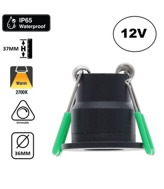 LED Veranda Spot / Inbouw Spot 3W, 2700K Warm Wit, 240 Lumen, 12VDC, IP65, Gatmaat 28mm, Zwartkleurig, 2 Jaar Garantie