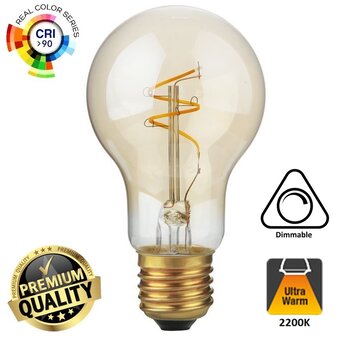 SPL E27 Led Bollamp A60 Slim-Flex, 4,2 Watt, 470 Lumen, 2200K Flame, CRI90, Dimbaar, Goudkleurig Glas, 2 Jaar Garantie