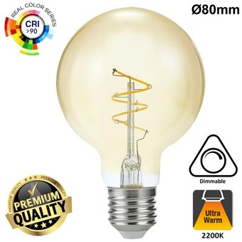 SPL E27 Led Bollamp G80 Slim-Flex, 4,2 Watt, 470 Lumen, 2200K Flame, CRI90, Dimbaar, Goudkleurig Glas, 2 Jaar Garantie