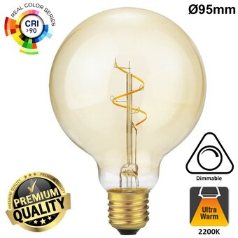 SPL E27 Led Bollamp G95 Slim-Flex, 4,2 Watt, 470 Lumen, 2200K Flame, CRI90, Dimbaar, Goudkleurig Glas, 2 Jaar Garantie