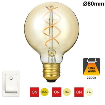 SPL E27 Led Bollamp G80 Fila-Flex, 5 Watt, 460 Lumen, 2200K Flame, 3 Steps-Dim (100%/50%/25%), Goudkleurig Glas, 2 Jaar Garantie