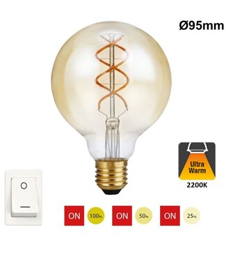 SPL E27 Led Bollamp G95 Fila-Flex, 5 Watt, 460 Lumen, 2200K Flame, 3 Steps-Dim (100%/50%/25%), Goudkleurig Glas, 2 Jaar Garantie